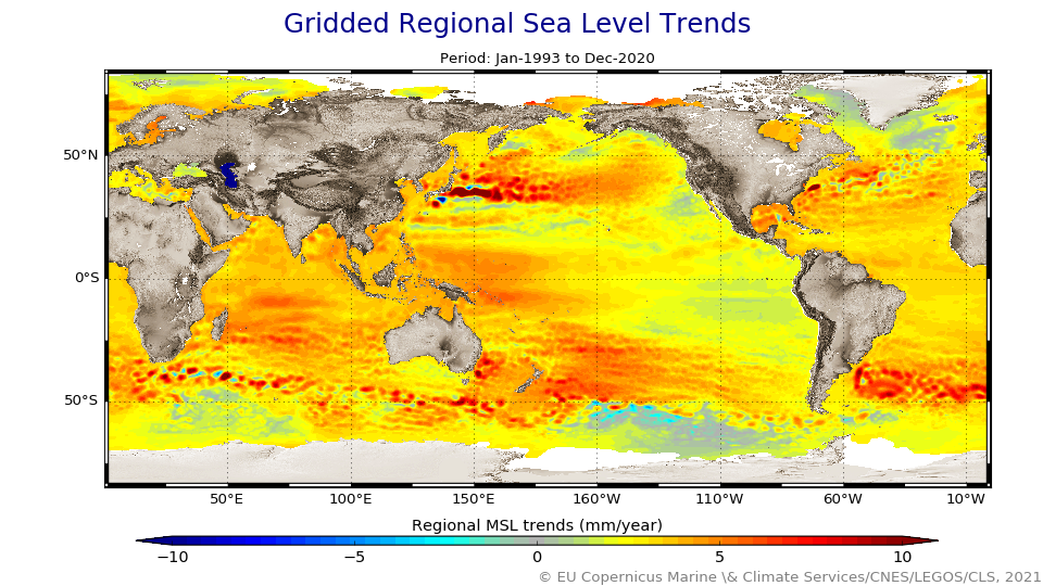 Regional gridded sea level trend over the period 1993-to present (in mm/year) from the multi-mission Ssalto/Duacs data.